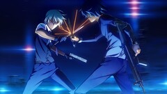 anime boys Anime gun machine gun knife weapon red eyes blue hair