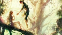 Anime fantasy art anime boys Trees anime girls barefoot outdoors