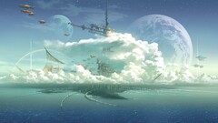 Anime fantasy art sky planet futuristic city clouds