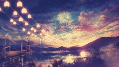 anime girls Anime fireworks sky lantern lights Women outdoors