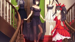 anime girls Anime group of women dress stairs standing Women