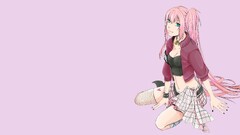 anime girls Anime kneeling green eyes pink hair necklace