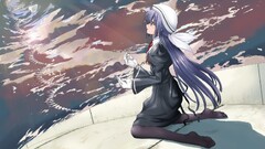 anime girls Anime kneeling long hair purple hair gloves