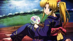 anime girls Anime looking at viewer barefoot blonde sitting