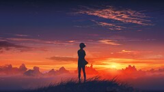anime girls Anime sunset sky clouds original characters