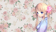 anime girls Anime traditional clothing blonde blue eyes Flowers