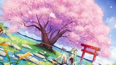 anime girls Anime Trees nature sitting cherry blossom Women Asia