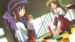 anime girls Anime two women cup dark hair brunette food kneeling