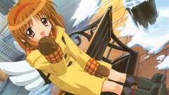 anime girls Anime winter bench open mouth red eyes snow happy