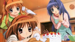 anime girls Anime women trio food pie Sweets looking at viewer