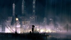 anime girls City night rain Anime cityscape