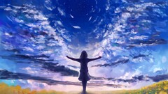 anime girls clouds artwork yellow flowers