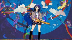 anime girls colorful miniskirt socks frontal view chainsaws legs