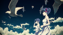 anime girls DJ Max clouds sky Birds purple hair Anime