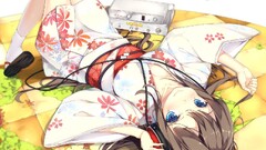 anime girls headphones yukata blue eyes brunette Shirohina