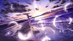 anime girls original characters beach Anime sky Sea clouds water