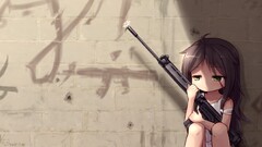 anime girls original characters gun weapon brunette green eyes