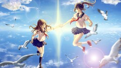 anime girls school uniform original characters flying Birds sky