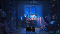 anime girls Typography night interior Anime