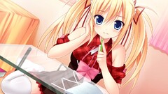 anime girls visual novel Anime mecha con blonde blue eyes skirt