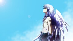 anime girls wings purple hair yellow eyes sky looking up Anime