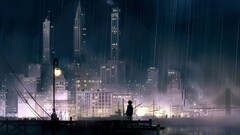 Anime landscape cityscape rain lantern night