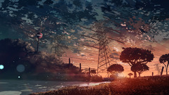 Anime landscape digital art sunset