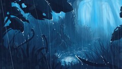 Anime landscape fantasy art rain artwork cyan blue forest
