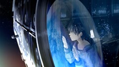 Anime landscape green eyes Space spaceship short hair Earth