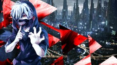 Anime mask red eyes anime boys cityscape