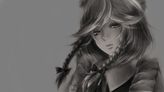 Anime monochrome Women braids ribbon gray background touhou face