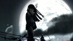 Anime moon dark hair jigoku shoujo red eyes sitting outdoors