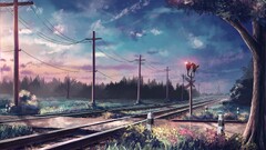 Anime railroad track outdoors sky power lines sylar