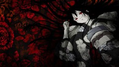 Anime red eyes red background dark hair kimono anime girls