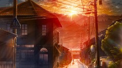 Anime sunlight urban street sky cityscape