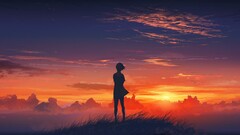 Anime sunset nature sky anime girls sunlight clouds