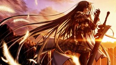 Anime sword sunset long hair knight original characters standing