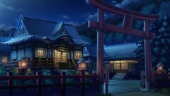 Anime torii artwork House lantern fence lights night