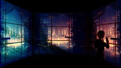 Anime window anime girls dark cityscape futuristic women indoors