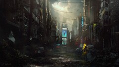 apocalyptic hazmat suits billboards destruction power lines