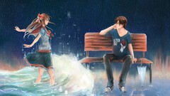 artwork anime girls anime boys water bench