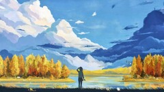 artwork anime girls Anime fall sky clouds cyan yellow Lake