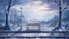 artwork bench winter snow street light road sylar