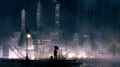 artwork cityscape rain lantern night