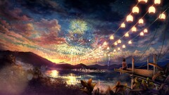 artwork concept art Women fireworks colorful Lake Anime sitting