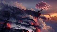 artwork digital art nature landscape sakura tree smoke sunset