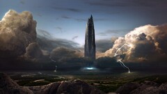 artwork digital art spaceship storm nature landscape sky clouds