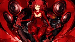 artwork fantasy art Anime cyborg Music speakers disc jockey red
