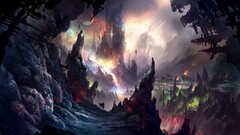 artwork fantasy art Mountains cave castle