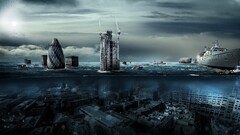 artwork fantasy art ship split-view sunken cities